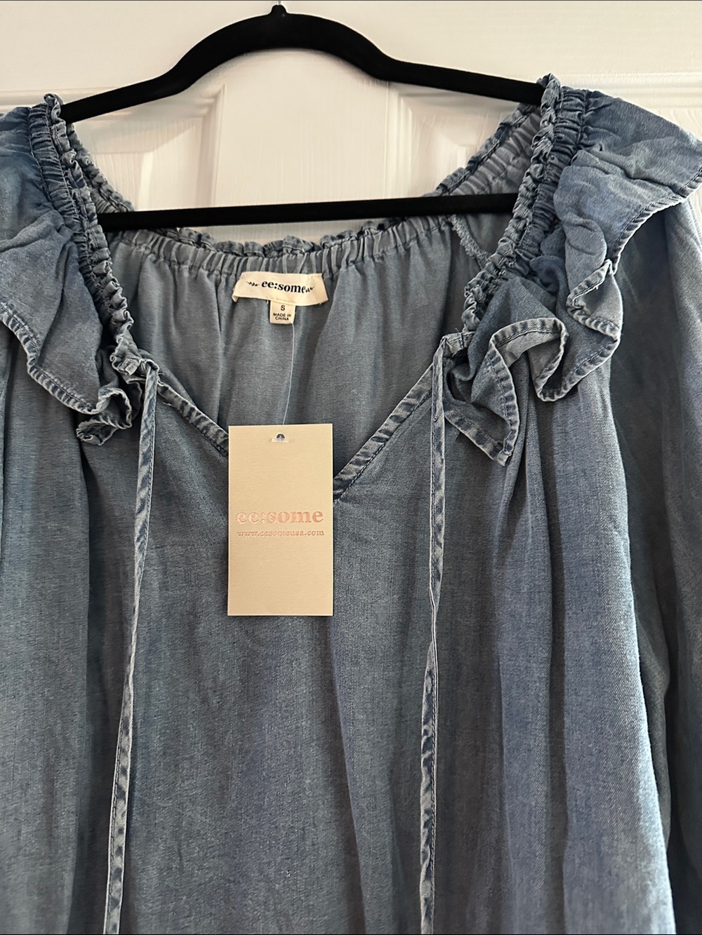 Washed Blue Ruffle-Trim Peasant Blouse - Picture 5 of 6
